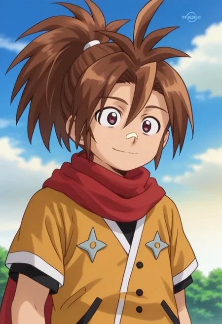 score_9, score_7_up, source_anime, 
sasuke, 1boy, male focus, solo, brown eyes, brown hair, ponytail, bandaid, bandaid on nose, shirt, orange shirt, short sleeves, scarf, red scarf, smile,
outdoor, sky, tree, cloud, upper body,