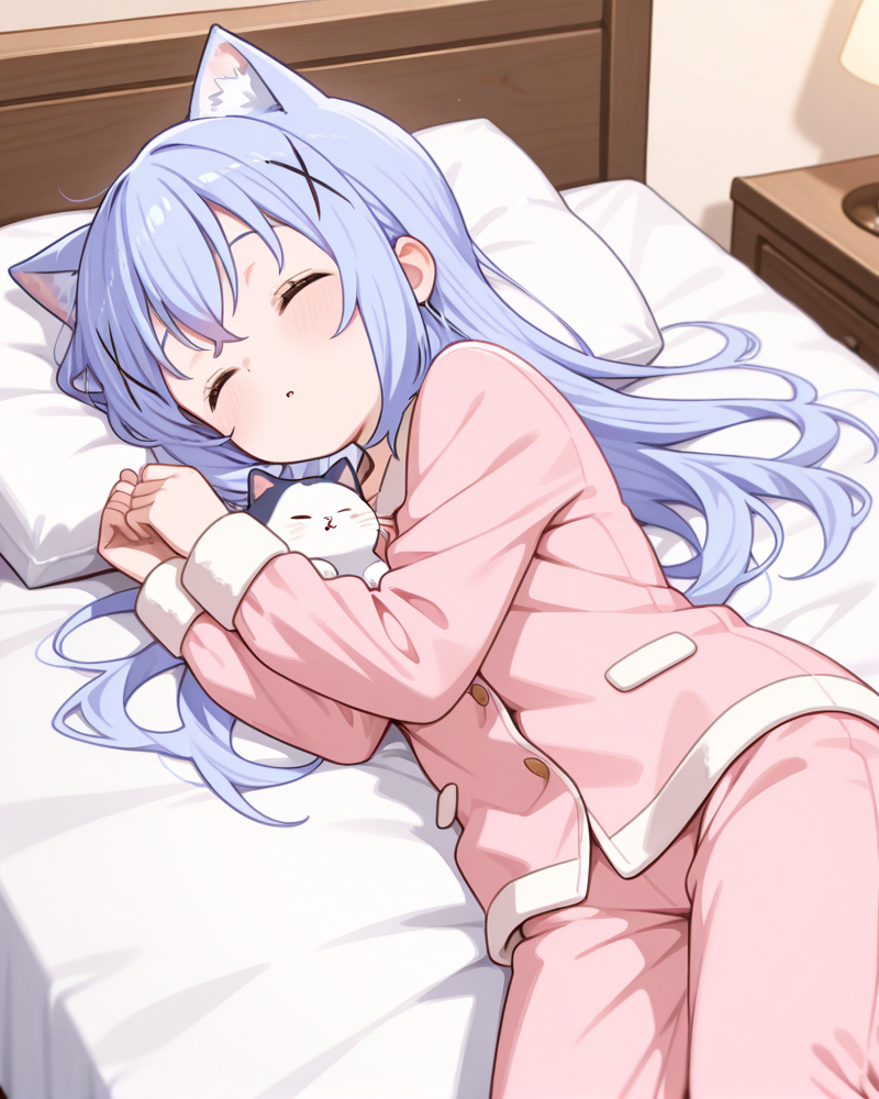 <lora:Chino_Kafuu:1> chino_kafuuor, 1girl, lying on the bed, dressed in pajamas in the shape of a cat, eyes closed