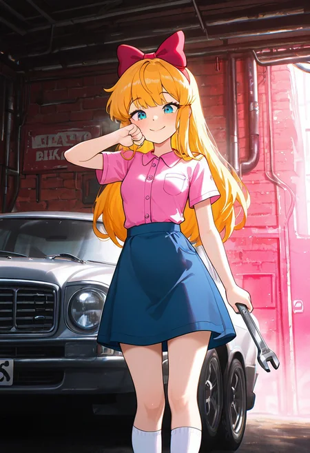 masterpiece, best quality, amazing quality, very aesthetic, absurdres, newest, detailed background, foreground blur, (( cartoon,  )),
elizabafton, 1girl, red bow , hair bow, long hair,  blonde ginger, hair, , short sleeves, bright pink buttoned shirt, blue skirt, small breasts, short skirt, long white socks,
 holding wrench, covered in grease, mechanic's garage, car parts, 
wiping face, smile