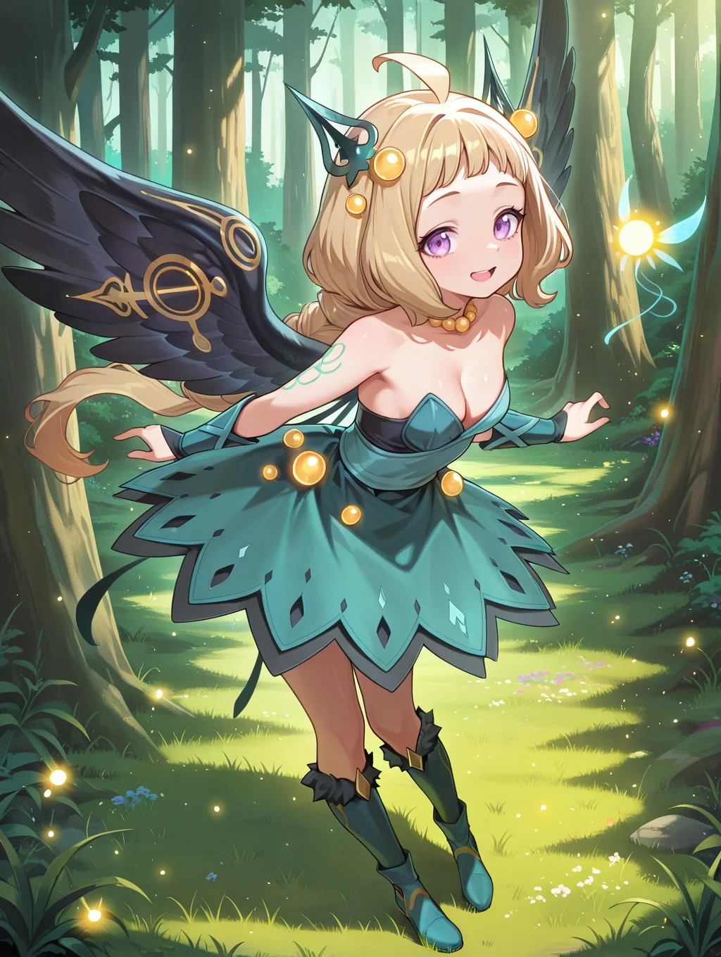 hugin the runick wings,1girl,solo,green strapless dress,grass,green knee boots,full body,looking at viewer,nature,outdoors,smile,cleavage,green hair ornament,forest,small breasts,open mouth,minigirl,yellow necklace,fairy,
masterpiece,best quality,amazing quality,very aesthetic,absurdres,newest,<lora:Hugin the runick wings illuXL v1:0.75>,