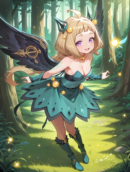 hugin the runick wings,1girl,solo,green strapless dress,grass,green knee boots,full body,looking at viewer,nature,outdoors,smile,cleavage,green hair ornament,forest,small breasts,open mouth,minigirl,yellow necklace,fairy,
masterpiece,best quality,amazing quality,very aesthetic,absurdres,newest,<lora:Hugin the runick wings illuXL v1:0.75>,