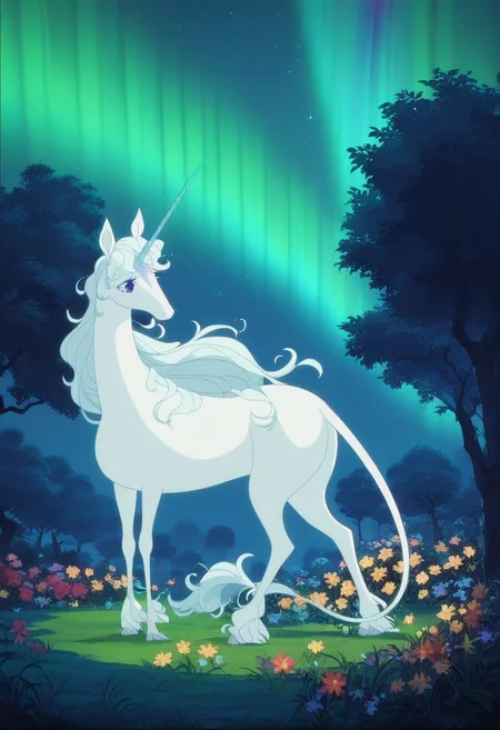 score_9, score_8_up, score_7_up,derpibooru_p_95, source_anime, very aesthetic, anime screencap, anime coloring, amalthea, ladyamalthea, lastunicorn, tail, flower, outdoors, sky, tree, unicorn form, no humans, night, grass, star \(sky\), night sky, starry sky, creature, unicorn, aurora