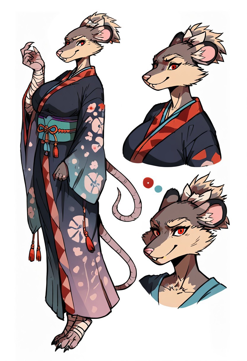 Score_9_up, score_8_up, score_7_up, 1girl, (Fem_splinter), solo, furry female, red eyes, kimono, bandages, huge breasts,  gentle smile, , (realistic), (painted art:1.3), CharacterDesignXL, reference sheet, (full body, from side, front:1.1), upper body, cartoon,