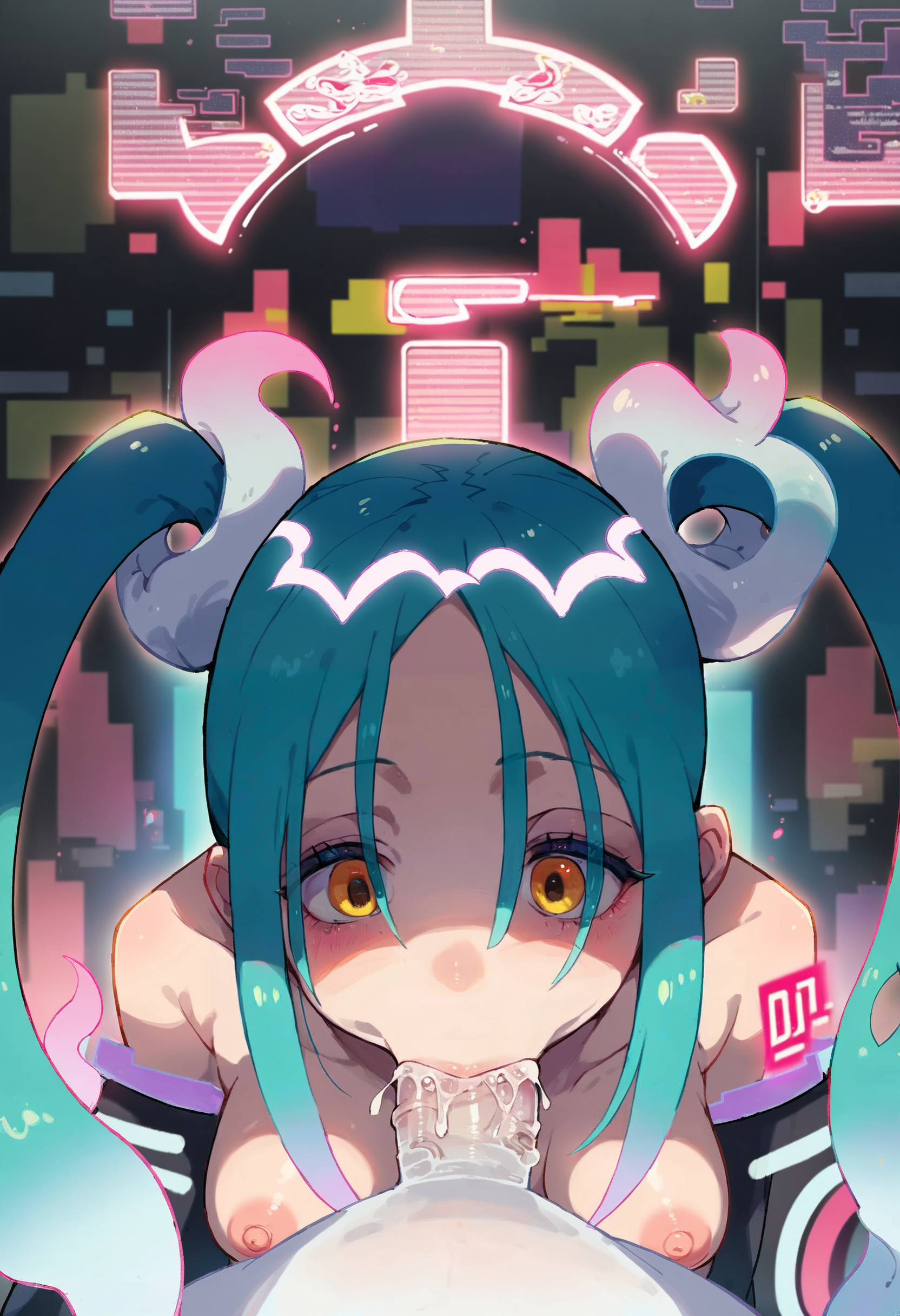 (score_9,score_8_up,score_7_up,score_6_up,score_5_up,score_4_up, source_anime:1.2), amazing artwork of (GhostMiku_PonyXL:1.3), yellow eyes, aqua hair, detailed eyes, necktie, long sleeves, hitodama,(exposed breasts, large size breasts, large areolas:1.3), (deepthroat, blowjob, 1boy:1.2),  cum, high contrast, (bedroom, neon lights, showing skyline through window, detailed background:1.2), <lora:GhostMiku_PonyXL_v10:1>,  <lora:add-detail-xl:1.2>,  <lora:xl_more_art-full_v1:1>