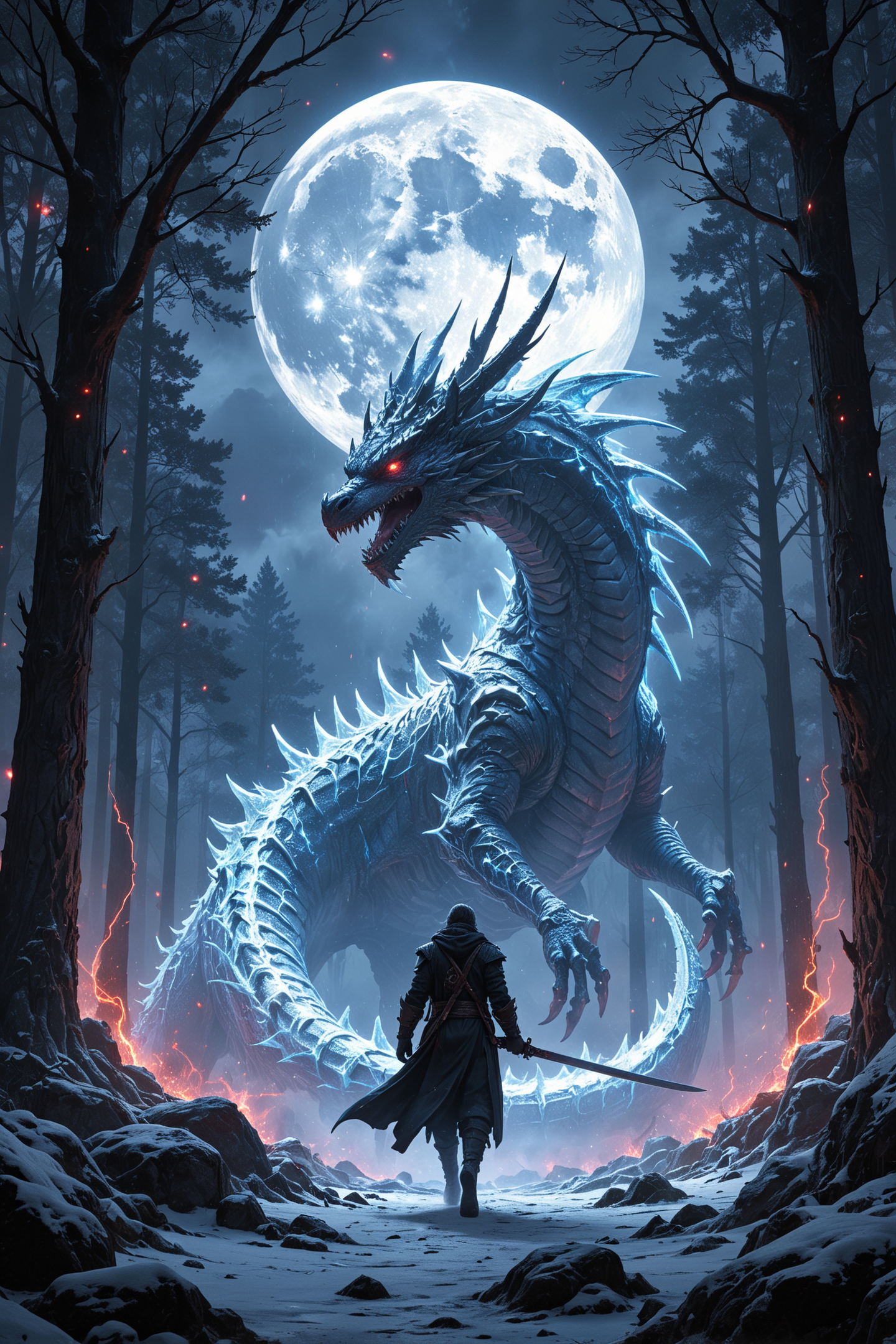 evil frozen dragon, realistic, In a cyberpunk-inspired realm, Theme: Futuristic, cyberpunk-inspired The Moon: A figure, walking through a dark, foggy forest, is haunted by ghostly apparitions. The background is the silhouette of a dragon emerges from the darkness, its form composed of the same vibrant energy. The entire scene is bathed in a contrast of deep blacks and brilliant frozen dragon, creating a dynamic and visually striking composition. Particles of light scatter through the air, adding to the mystical atmosphere. This digital illustration blends elements of anime artistry with futuristic aesthetics, resulting in a captivating image that radiates energy and intensity, snowing, ready for battle, holding sword, bright thunder, red fireflies lightning <lora:CyberRealistic_Negative-neg:1> <lora:patty_cake:1> <lora:detailed_notrigger:1>  <lora:XL_boss_battle:1>