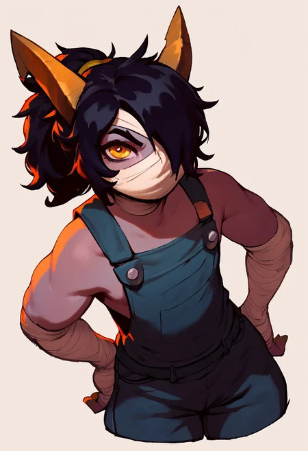 score_9, score_8_up, score_7_up, 1girl, Polypa Goezee, bandaged face, bandaged arms, bandaged legs, black hair, ponytail, bandaged chest, horns, yellow eyes, petite, muscular, hands on hips, looking at viewer, raised eyebrow, bandages over eye, black overalls, looking at viewer, grey colored skin, white background,