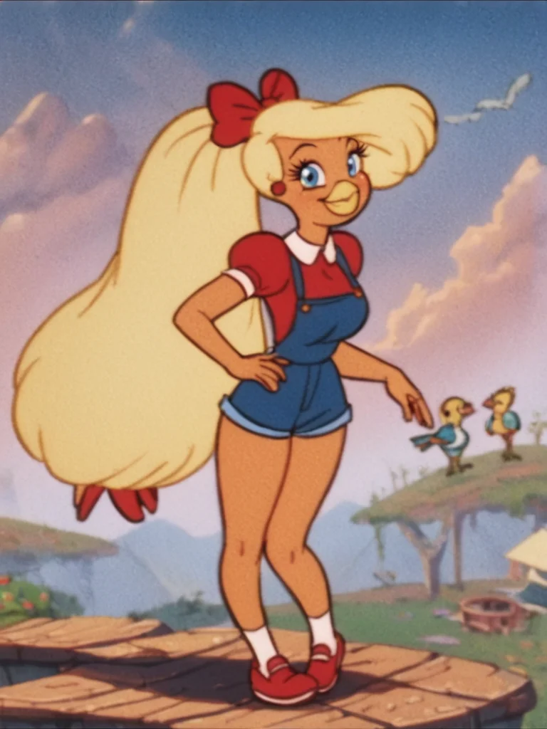 Goldie, 1girl, long hair, blonde hair, short sleeves, bow, red footwear, shirt, hair bow, puffy sleeves, standing, puffy short sleeves, very long hair, blue eyes, earrings, jewelry, breasts, shoes, full body, solo, medium breasts, big hair, ponytail, smile, beak, bird girl,looking at viewer, smile, score_9, score_8_up, score_7_up, score_6_up <lora:GoldieRockaPony1.0:0.8>