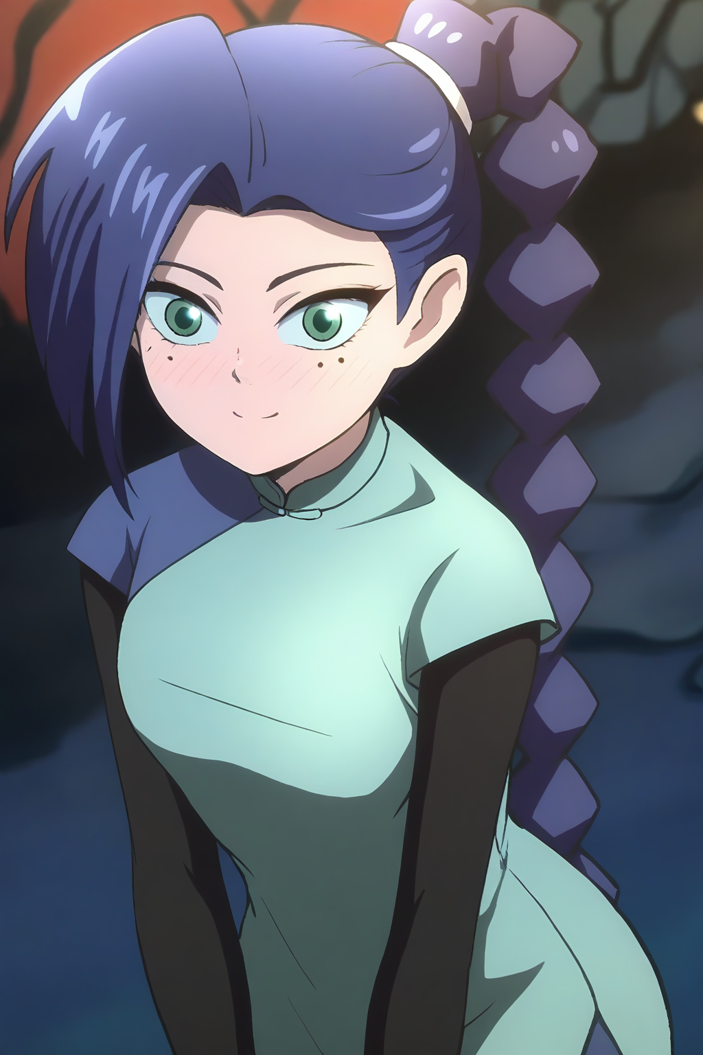 <lora:meihuashisan:1>,meihuashisan,1girl,solo,long hair,blue hair,mole,mole under eye,green eyes,
layered sleeves,short over long sleeves,braided ponytail,long sleeves,dress,blue dress,chinese clothes,braid,single braid,
smile,blush,light_blush,looking at viewer,, masterpiece,best quality,amazing quality,absurdres, anime screenshot, lazypos ,