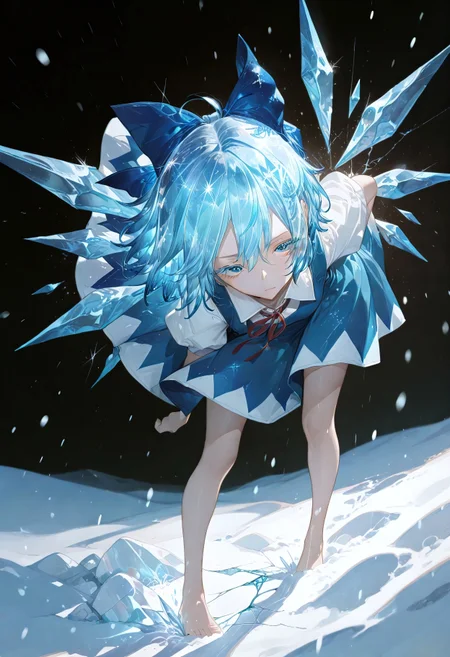 safe_pos, perfect quality, best quality, absolutely eye-catching, cinematic, (masterpiece), (ultra-detailed), Soft lighting, very aesthetic, illustration, perfect composition, ultra detailed face, detailed eyes,
1igrl, cirno, barefoot,
close up, standing, looking at viewer,
crystal hair, shiny hair, colored eyelashes, crack,
freeze, full body,
snowfield, snowing, dark sky,
no expression