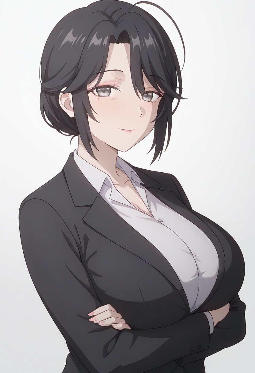 YumiSuou, 1girl, mature female, black hair, short hair, ahoge, grey eyes, white shirt, collared shirt, black jacket, masterpiece, best quality, amazing quality, very aesthetic, absurdres, highres, newest, (anime coloring:1.5), (white background), (from side:0.3), looking at viewer, arms under breasts,
