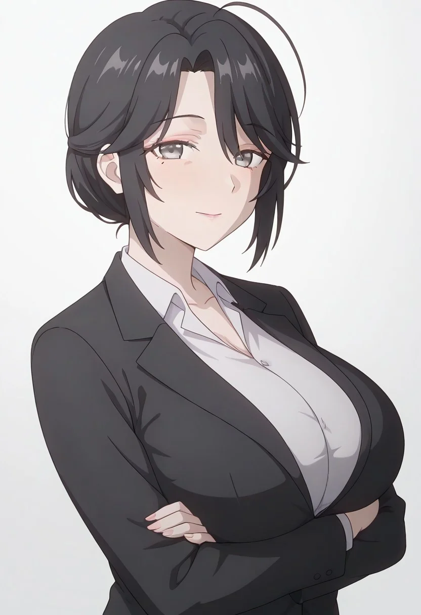 YumiSuou, 1girl, mature female, black hair, short hair, ahoge, grey eyes, white shirt, collared shirt, black jacket, masterpiece, best quality, amazing quality, very aesthetic, absurdres, highres, newest, (anime coloring:1.5), (white background), (from side:0.3), looking at viewer, arms under breasts,