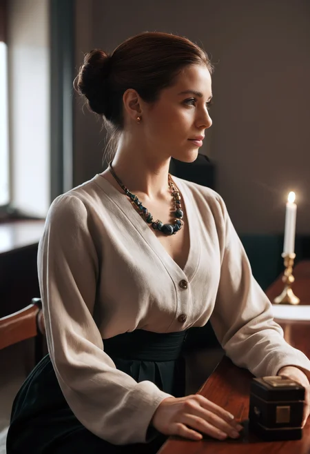 cinematic photo of a Romanian woman, boardroom with mahogany table, wearing long sleeve tunic with wide-leg culottes, side bun with hair comb, mezuzah necklace with small case, tranquil peace with relaxed features, dynamic angle, 35mm photograph, film, bokeh, professional, 4k, highly detailed