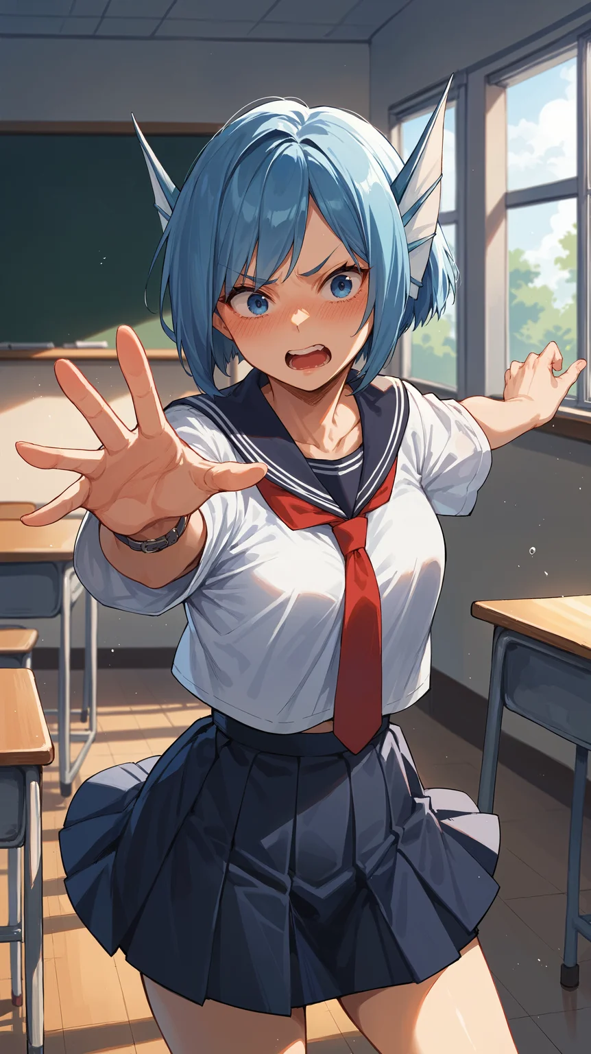 score_9,score_8_up,score_7_up,score_6_up, <lora:xl_more_art-full_v1:0.5>, source_anime, girl, dynamic pose, reaching, <lora:Sirius - Pony-000004:0.8>, short hair, blue hair, blue eyes, head fins, school uniform, red necktie, embarrassed, classroom,