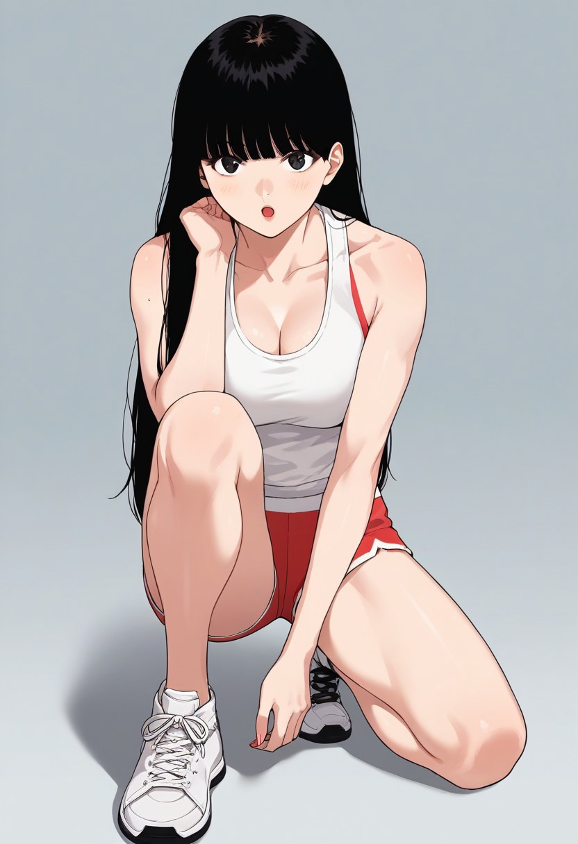 Masterpiece, Highest Quality, Score_9, Score_8_up, Score_7_up, source_anime. anime style. masterpiece, highres, absurdres. Best resolution.
solo
1girl. Baek Dasom. black hair. long hair. blunt bangs. black eyes. wrestling suit. 
all-in-one clothes. sneakers. white clothes. sleeveless. short pants. bare legs. cleavage