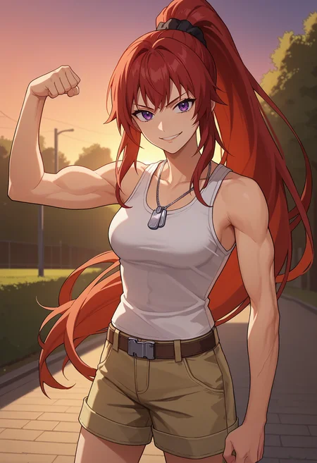 score_9, score_8_up, score_7_up, anime screencap, source_anime, 1girl, solo,
<lora:Mito_Juujou_Seraph_of_the_End_V1:.85>, KJOmito, red hair, purple eyes, long hair, high ponytail, black scrunchie,
tank top, beige cargo shorts, dog tags,
standing, looking at viewer, smirk, parted lips, flexing,
outside, park, dusk, sunset,
(Beautiful, medium Breasts:1.2),