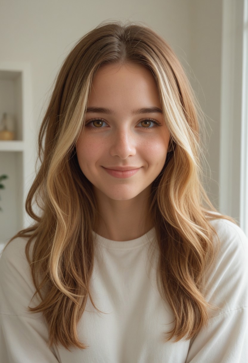 score_9,score_8_up,score_7_up, 1girl, solo, shy expression, shy smile, Golden brown hair, blonde highlights, long hair, (((hair over right side of face, old-burns on right side of face))), young adult, hazel eyes, smart casual clothing, nerdy appearance