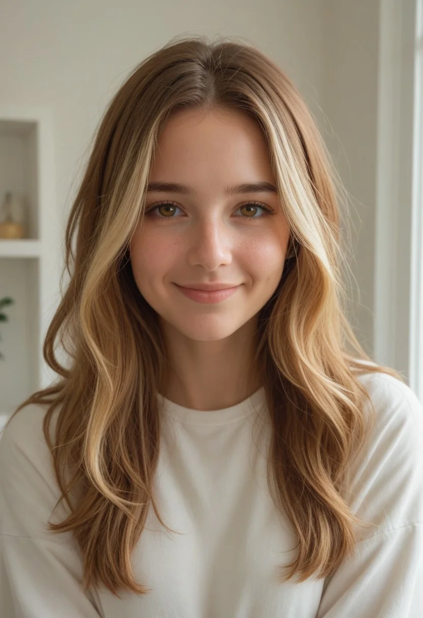 score_9,score_8_up,score_7_up, 1girl, solo, shy expression, shy smile, Golden brown hair, blonde highlights, long hair, (((hair over right side of face, old-burns on right side of face))), young adult, hazel eyes, smart casual clothing, nerdy appearance