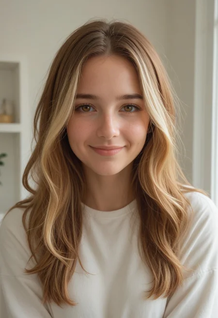 score_9,score_8_up,score_7_up, 1girl, solo, shy expression, shy smile, Golden brown hair, blonde highlights, long hair, (((hair over right side of face, old-burns on right side of face))), young adult, hazel eyes, smart casual clothing, nerdy appearance