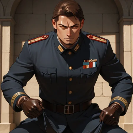 masterpiece, best quality, amazing quality, absurdres, newest, detailed background, definition so sharp, Ultra-HD, 8K cinematic, very awa, impressionate, amazing quality, highres, 
solo, male focus, manly, shadow, shiny skin,
shimonmakusu, shimon_brunette, shimon_orange eyes, 1boy, short hair, stubble, goatee, mature male, authority, commanding_presence, stern_expression, military_uniform, leather_gloves, imposing, disciplined, unyielding, straight_posture, leader, sharp_suit, power_stance, stone_face