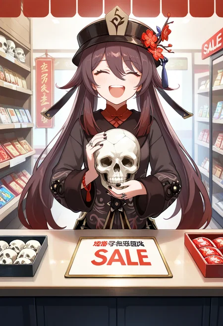 (masterpiece, best quality, high quality, good quality),1girl,hu tao \(genshin impact\),laughing,holding skull,skull,pushing,sale,chinese shop,facing viewer,
<lora:SlimesSkullWM:0.7>,slimes_skullwm,<lora:breasts_size_slider_illustrious_goofy:0.5>,<lora:cutesexyrobutts_style_illustrious_goofy:0.5>,<lora:ponyv4_noob1_2_adamW:1>,