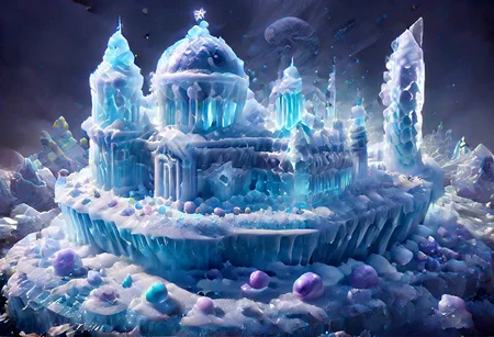 DarkFantasy, ice, ais-icebaby, made of ais-icebaby, dark, chiaroscuro, low-key, ((castle)), 3 towers,towers, kaiyomuseum, scenery, water, building, moon ice, skyscraper, city, city lights, reflection, neon lights, ice_art, ice, matchcraft floating island, sky , star,(((matchcraft floating island))), ((islands floating)),Candy Land