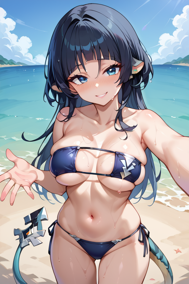 jane doe (zenless zone zero), zenless zone zero, blue eyes, score_9, score_8_up, score_7_up, source_anime, 1girl, solo, outdoors, beach, cowboy shot, standing, looking at viewer, shiny skin, eyepatch bikini, side-tie bikini bottom, wet, nose blush, selfie, reaching out, strapless, black hair, blunt bangs, red hair, long hair, tail, dark blue bikini, sexy, erotic female, seductive smile, big breasts, <lora:Jane Doe ZzzPonyXL-10:0.7>