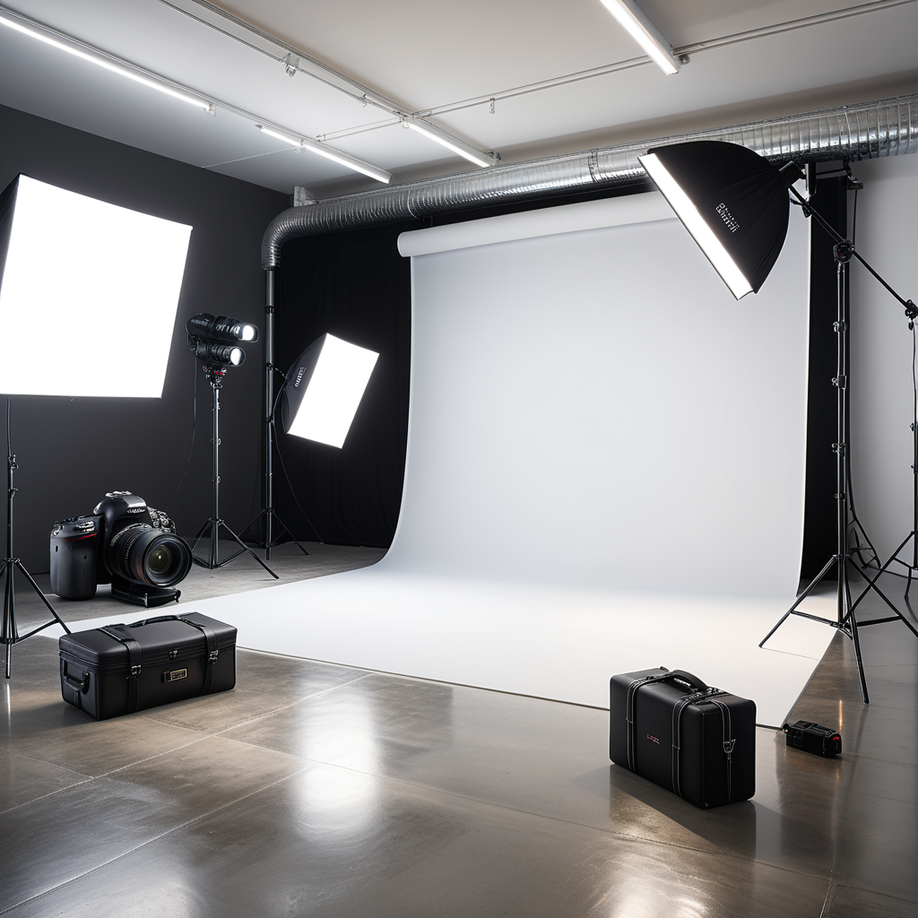 A professional photography studio with a clean, modern design. The room has smooth white walls and a polished concrete floor. A large white backdrop extends across one wall, seamlessly curving into the floor to create an infinity effect. Positioned directly in front of the backdrop is a high-end DSLR camera mounted on a sturdy black tripod, aimed toward the scene for shooting. The camera has a visible lens and adjustment dials, indicating a professional setup. On either side of the backdrop are two large softbox lights mounted on adjustable stands, emitting a soft, even glow. In the background, there are black equipment cases stacked neatly against the wall, adding to the organized workspace. The overhead fluorescent lights illuminate the space evenly, and faint reflections of the setup can be seen on the smooth floor. The overall atmosphere is bright, clean, and professional, emphasizing functionality and creative potential.
<lora:SDXLFaeTastic2400:0.4> <lora:extremely_detailed:0.4> extremely detailed, Masterpiece,best quality,hi res,8k,hi res,8k,award winning,(sharp focus, intricate, highly detailed),