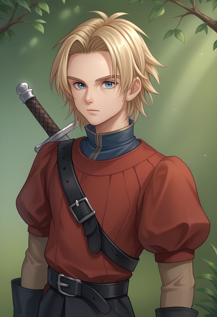 score_9, score_8_up, score_7_up, source_anime, highly detailed, 
kiefer, 1boy, male focus, solo, blonde hair, blue eyes, tunic, red tunic, puffy sleeves, shirt, blue shirt, high collar, gloves, pants, black pants, belt, sword on back, upper body
outdoor, wood,