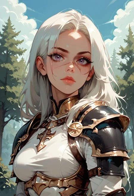 1girl, armor, scar, solo, scar on face, white hair, long hair, hair over one eye, looking at viewer, purple eyes eyes, outdoors, upper body, breastplate, medium breasts, shoulder armor, tree, makeup, lip gloss, day, scar across eye, sky, , cloud, , shoulder plates, pauldrons, breasts, nature, eyelashes, scar on nose, scar on cheek, closed mouth, forest, blue sky, one eye covered
, <lora:Ri-MIX_A_Illustriousv2-000009:1> rimixa,, looking at viewer,, , score_9, score_8_up, score_8_up,