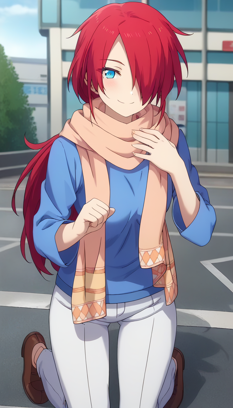 score_9,score_8_up,masterpiece,best quality,correct anatomy,anime_source,1girl,solo,perfect eyes,perfect arms,perfect legs,perfect face,outdoors,upper body,(portrait:1.5),looking at viewer,facing viewer,smile,blush,Sara Shen,long hair,red hair,low ponytail,sidelocks,parted bangs,hair over one eye,blue eyes,scarf,blue sweater,long sleeves,medium breasts,white pants,brown footwear,<lora:Sara Shen(cl)-Pony:1.6>,