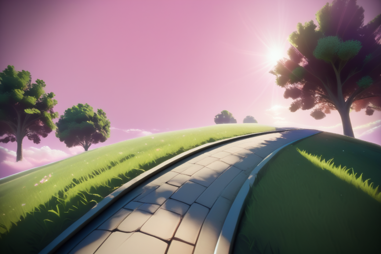 score_9, score_8_up, score_7_up, score_6_up, score_5_up,score_4_up, no humans, scenery, kai planet, grass, pink sky,road,realistic, 3d,horizon,tree,  <lora:OtherworldPony:1>