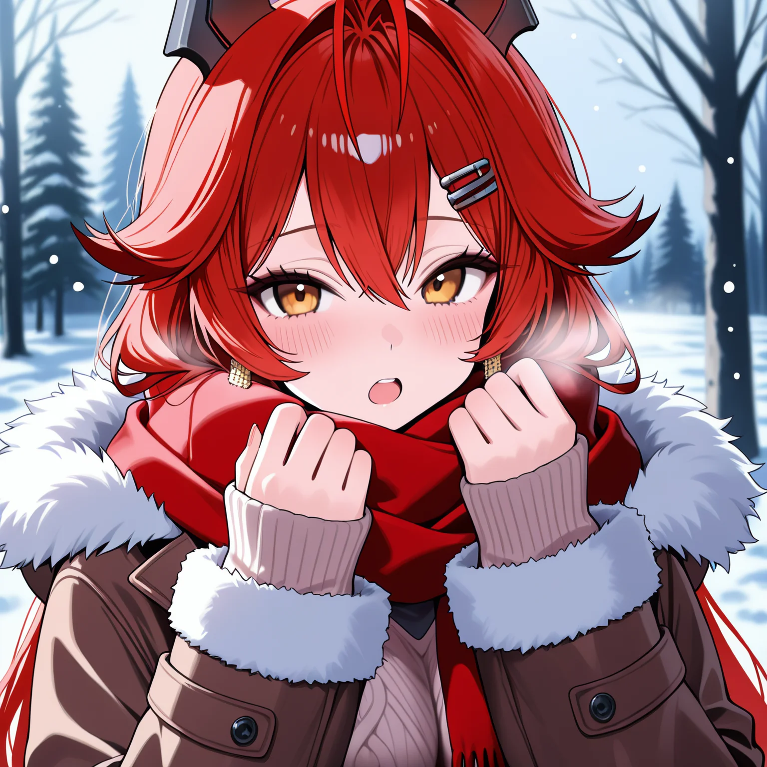 red hood (goddess of victory: nikke), 1girl, solo, long hair, red hair, hair ornament, horns, looking at viewer, scarf, open mouth, blush, red scarf, hairclip, fur trim, outdoors, blurry background, long sleeves, jewelry, upper body, earrings, blurry, coat, hood, winter, breath, open clothes, sweater, snow, winter clothes, snowing, tree, sleeves past wrists, hood down, brown coat, open coat, fur-trimmed coat, fur-trimmed sleeves, hands up, fur-trimmed hood, depth of field, masterpiece, best quality, amazing quality, very aesthetic, absurdres, newest, (scenery, volumetric lighting)
