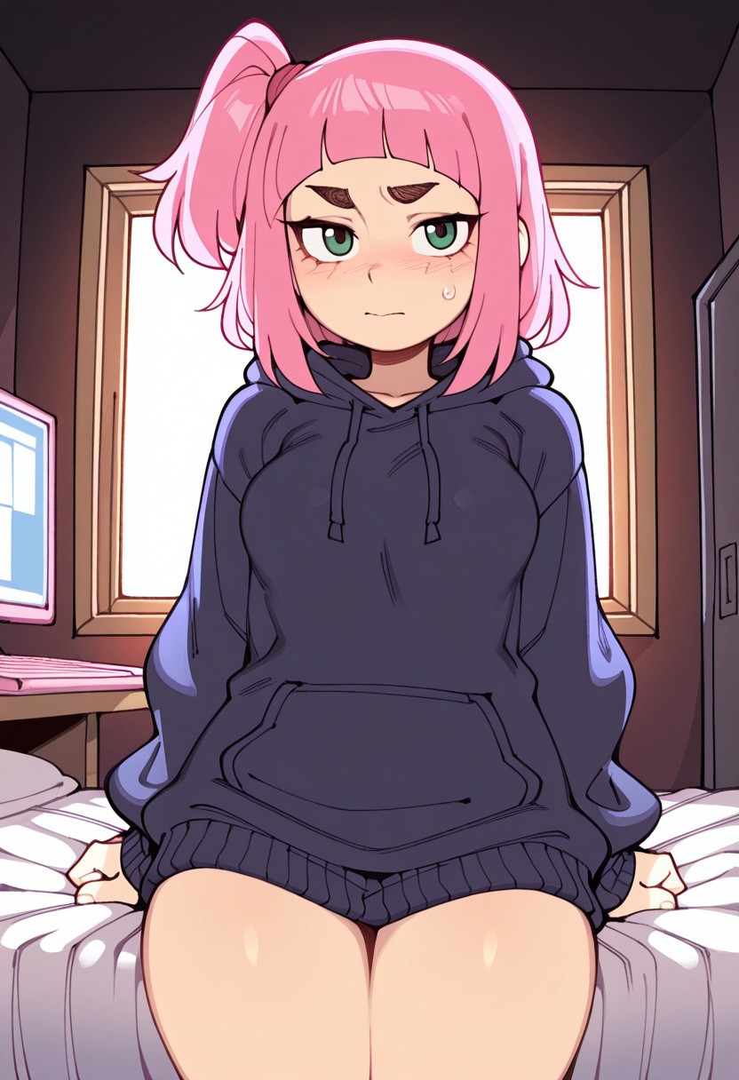 masterpiece, best quality, black outlines, score_9, score_8_up, score_7_up, soft lighting, dramatic lighting, artist:wamudraws, fishine, (backlighting:1.6), 1girl, solo, kiui_watase, pink hair, blunt bangs, short hair, green eyes, thick eyebrows, side ponytail, dark blue hoodie, baggy clothes, bedroom, dark bedroom, sexy, looking back at viewer, seductive, embarrassed, (annoyed:0.6), computer, pc, medium breasts, on bed, bed,