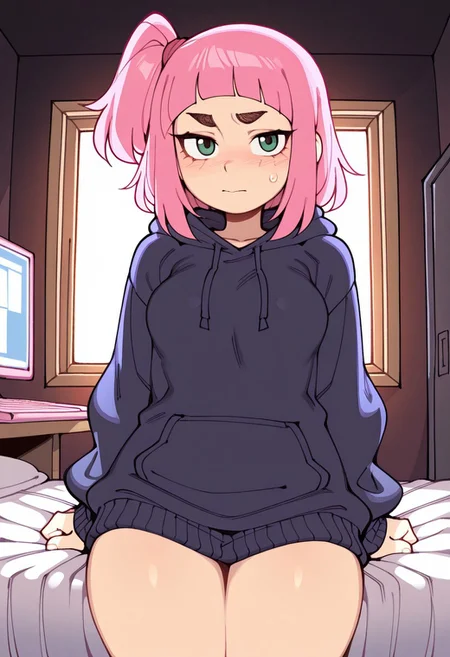 masterpiece, best quality, black outlines, score_9, score_8_up, score_7_up, soft lighting, dramatic lighting, artist:wamudraws, fishine, (backlighting:1.6), 1girl, solo, kiui_watase, pink hair, blunt bangs, short hair, green eyes, thick eyebrows, side ponytail, dark blue hoodie, baggy clothes, bedroom, dark bedroom, sexy, looking back at viewer, seductive, embarrassed, (annoyed:0.6), computer, pc, medium breasts, on bed, bed,