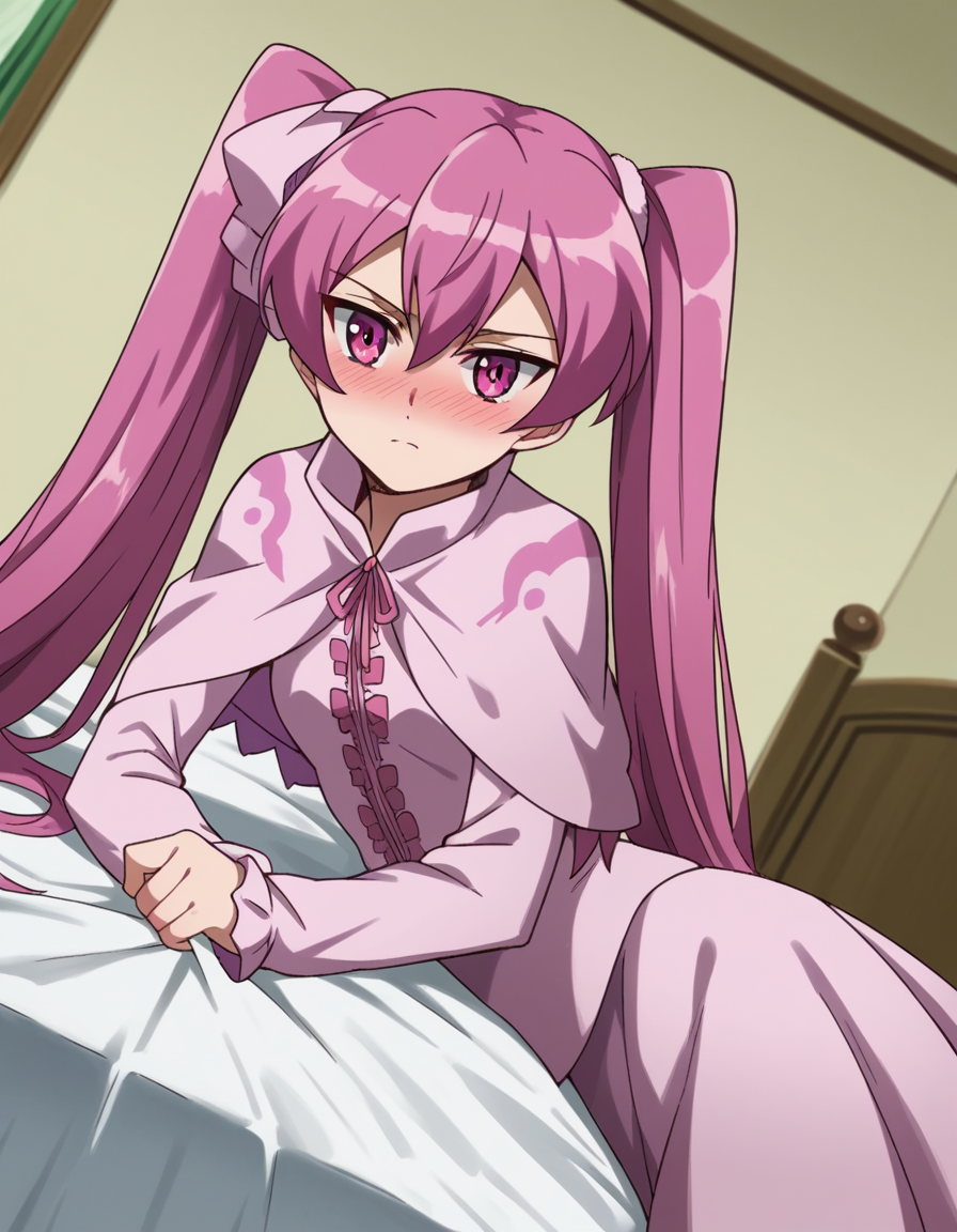 score_9, score_8_up, score_7_up, source_anime,
agkmine, <lora:agk-mine-s1-ponyxl-lora-nochekaiser:1>,
mine, long hair, twintails, pink hair, pink eyes,
dress, pantyhose, pink dress, capelet, pink capelet, pink skirt, skirt, long sleeves,
indoors, bed, bed room, on side, blush, drunk,
cowboy shot, solo, dutch angle, looking at viewer,