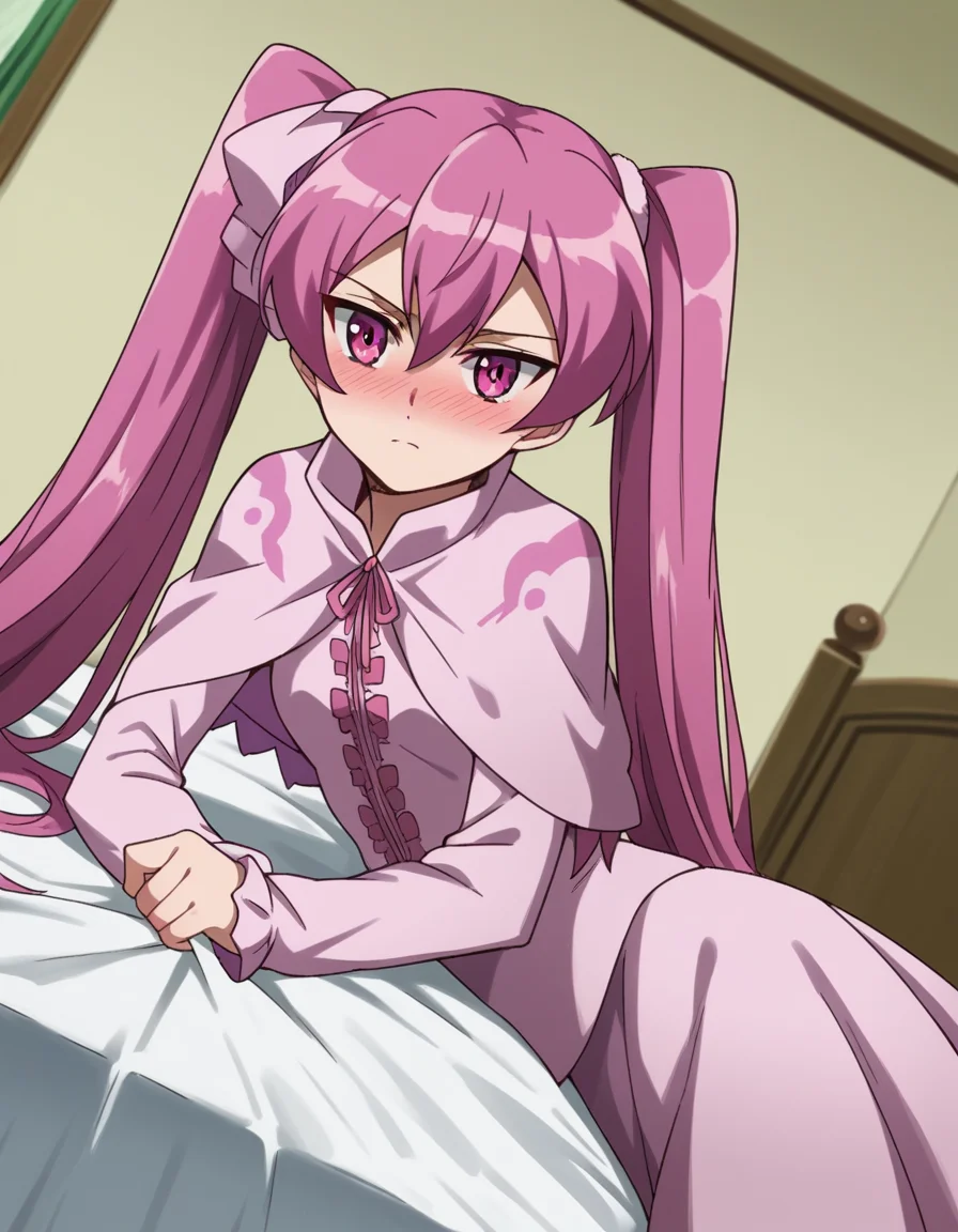 score_9, score_8_up, score_7_up, source_anime,
agkmine, <lora:agk-mine-s1-ponyxl-lora-nochekaiser:1>,
mine, long hair, twintails, pink hair, pink eyes,
dress, pantyhose, pink dress, capelet, pink capelet, pink skirt, skirt, long sleeves,
indoors, bed, bed room, on side, blush, drunk,
cowboy shot, solo, dutch angle, looking at viewer,