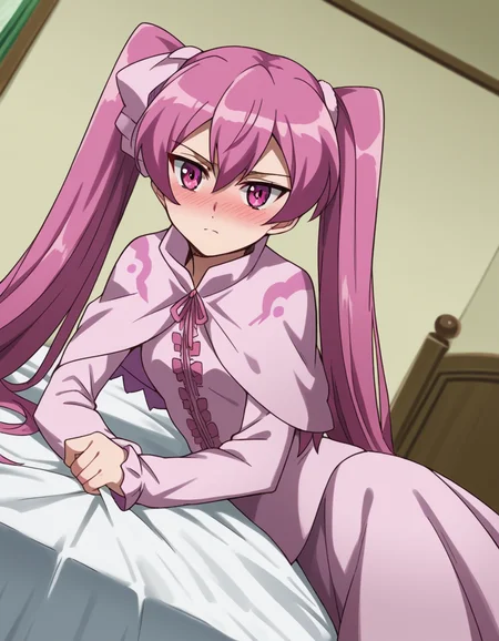 score_9, score_8_up, score_7_up, source_anime,
agkmine, <lora:agk-mine-s1-ponyxl-lora-nochekaiser:1>,
mine, long hair, twintails, pink hair, pink eyes,
dress, pantyhose, pink dress, capelet, pink capelet, pink skirt, skirt, long sleeves,
indoors, bed, bed room, on side, blush, drunk,
cowboy shot, solo, dutch angle, looking at viewer,
