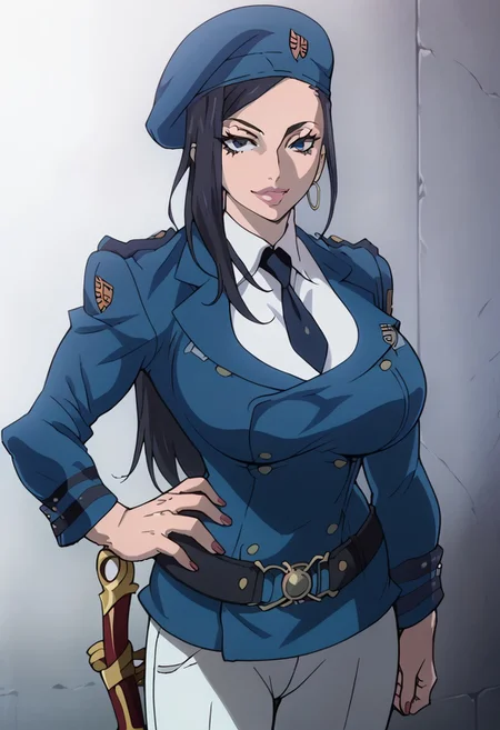 score_9, score_8_up, score_7_up, score_6_up, BREAK,
mkna, standing, hand on hip, wearing (dark military_uniform, beret, tie, white pants, belt, sword), sheath, hoop earrings, large breasts,
torso, beautiful face, (revealing clothes), (tight outfit: 1.3), tall girl, sexy smile, abs, very fit, muscles, toned, huge breasts, slut, whore, round breasts, breasts together,