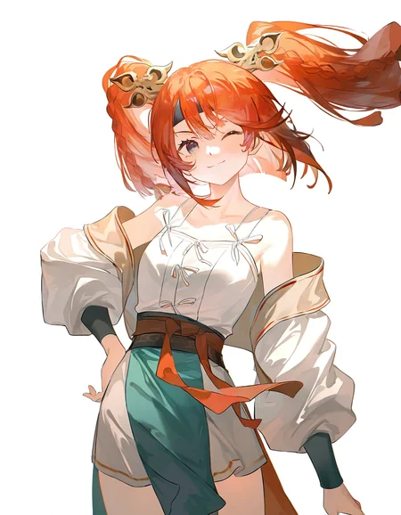 1girl,solo,looking at viewer,simple background,white background,cowboy shot,standing,smile,one eye closed,weisuojiaju,<lora:weisuojiaju-000012:1>,hand on own hip,, masterpiece, best quality, very aesthetic, absurdres,newest, incredibly absurdres,