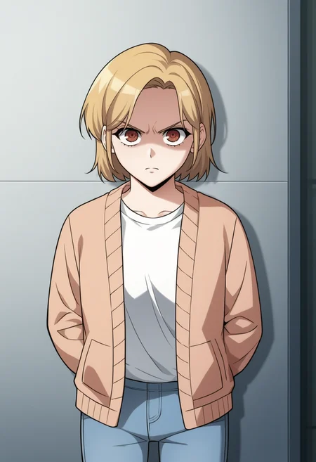 source_anime,anime screencap, anime coloring,intricate details,rating_explicit, masterpiece, best quality,
(best quality, absurd res, ultra detailed),,(4 finger:0.5),1girl, ((solo)), good eyes,perfect eyes,,detailed eyes, zPDXLxxx , zPDXL3, OverallDetail,detailed, detailed face
BREAK
solo,indoors,standing,front view,
shinyoosung, short hair, blonde hair, brown eyes, white shirt, open cardigan, blue pants, jeans, denim, long sleeves, upper body, angry, glaring, shaded face,
, <lora:add-detail-xl:2> <lora:shin_yoosung-02:1>