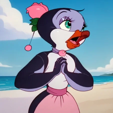 score_9, score_8_up, score_7_up, BREAK, peach, food, 1girl, female penguin, on the beach, cloud, green eyes, purple skin, bird, furry, on a blanket, upper body, hands clasped