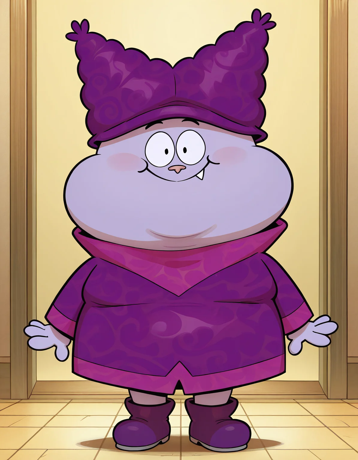 masterpiece, official art, best quality, detailed, solo, chowdr, anthro, male, 1boy, anthro, purple fur, purple body, animal nose, fang, tooth, plump, fat, young, purple hat, purple long sleeve shirt, purple boots, standing, looking at viewer, smile