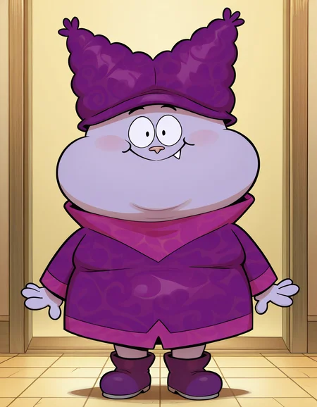 masterpiece, official art, best quality, detailed, solo, chowdr, anthro, male, 1boy, anthro, purple fur, purple body, animal nose, fang, tooth, plump, fat, young, purple hat, purple long sleeve shirt, purple boots, standing, looking at viewer, smile