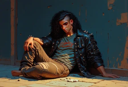This is a digital drawing in a semi-realistic style, showcasing a young man sitting on the ground with his back to the wall. The subject has very long black curly wet hair. He has a fair complexion with freckles scattered across his cheeks. He wears an oversized leather jacket adorned with metal studs and spikes with multiple pockets and padding on the outside that is torn up. Under that he wears a shirt that is slightly wrinkled, adding to the casual, relaxed vibe of the scene. Very muscular build. Tattered brown jeans. He has a nose ring and ear studs. There is trash on the ground.
The man is posed casually, lounging on the bench in a relaxed state without a care in the world. he has multiple piercings and has a punk rock vibe.
The background features a chipped paint wall which is painted in a dark blue hue, contrasting with the warm, amber-colored lighting that bathes the scene. The lighting casts dramatic shadows, emphasizing the man's muscular build and the texture of his t-shirt. The overall mood of the image is contemplative and somewhat melancholic, enhanced by the warm, muted tones and the man's introspective posture.
Ultra-detailed, HD, 8K quality, flawless anatomy, and vibrant contrasts that elevate the composition's opulent allure. The image has high contrast where reflected light appears brighter and shadows appear darker which enhances the contrast and hue which results in a visually stunning image that captures the eye easily. goonstyle