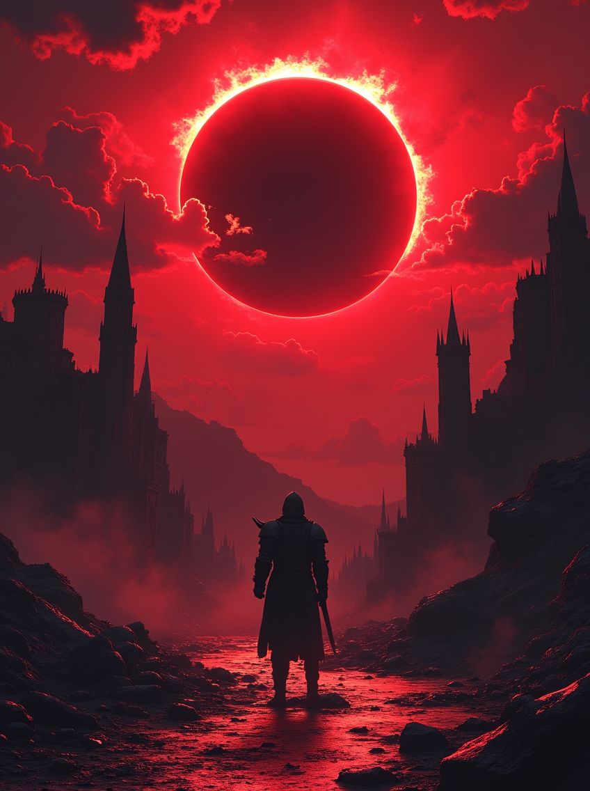 newfantasycore. 
In a land where day never fades, a blood-red eclipse casts its eternal shadow over a kingdom of ruins. The sky is perpetually tainted with crimson light, and the sun remains a dim, blood-soaked disk. The once-mighty city is now inhabited by spectral knights, their armor rusted but glowing with dark energy. Beneath the city lies an ancient temple where a cursed artifact—an obsidian orb—siphons the life force of the land, keeping the eclipse in place. Every year, a new soul must be sacrificed to keep the curse at bay, but no one has escaped its grip for centuries.