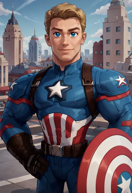 city, city background, day, day time, 2d, 1boy, solo, masterpiece, best quality, extreme detail, CaptainAmerica, Marvel, Disney Infinity, cartoon, 1boy, muscular male, blonde hair, short hair, pale-skinned male, blue eyes, brown boots, brown gloves, brown straps, brown belt, utility belt, multicolored bodysuit, blue bodysuit, red bodysuit, white bodysuit, shield, holding shield, shield on arm, multicolored shield, star symbol,
happy expression, closed mouth, close up, upper body, hands on hips, looking at viewer,