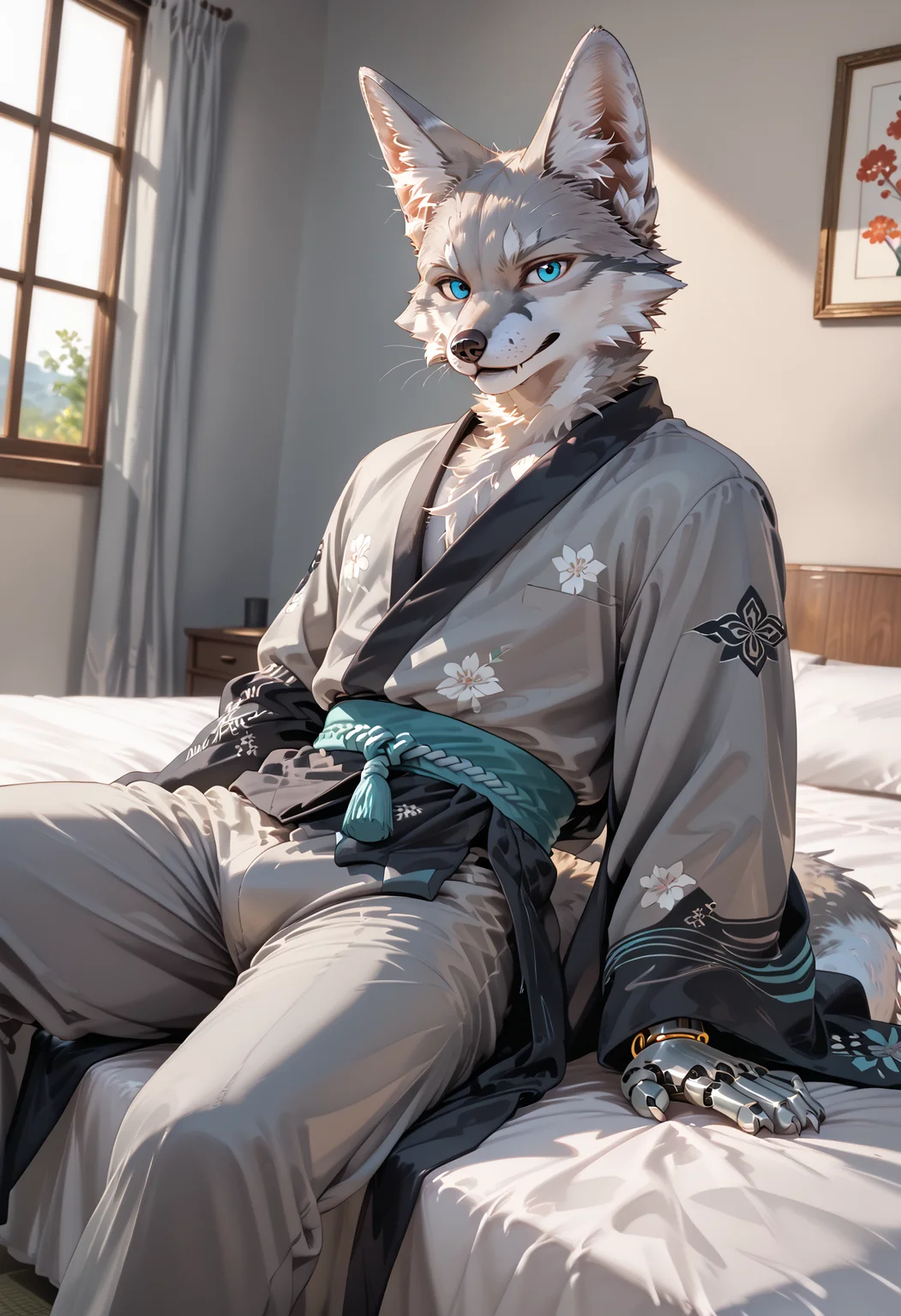 <lora:add-detail-xl:1> <lora:DetailedEyes_V3:1> <lora:OC_lee_seo:0.9> lee_seo, fox, light grey fur, male, cybernetic arm, furry, wearing kimono, on bed, looking at viewer, Stable_Yogis_PDXL_Positives