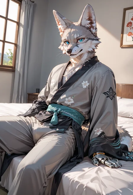 <lora:add-detail-xl:1> <lora:DetailedEyes_V3:1> <lora:OC_lee_seo:0.9> lee_seo, fox, light grey fur, male, cybernetic arm, furry, wearing kimono, on bed, looking at viewer, Stable_Yogis_PDXL_Positives