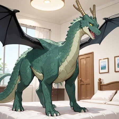 1girl, highres, absurdres, newest, masterpiece, best quality, furry, furry_female, Tohru_kobayashi, dragon, green scales, black wings, horns, tail, claws, yellow eyes, black slit pupils, 1girl, spread wings, (quadruped, feral:1.4), detailed eyes, (standing, spread wings:1.2), open_mouth, open mouth smile, luxurious detailed room, bright room, day scene, professional lighting, white bed, solo, bedroom, smiling, seductive, looking_at_viewer, masterpiece, close up, safe