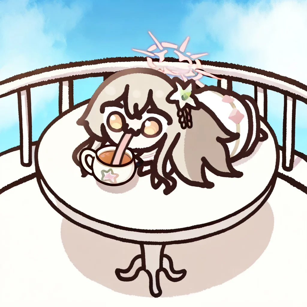 1girl, nagisa \(blue archive\), chibi, very long tongue, solo, drinking tea, tongue in tea cup, on stomach, full body, at terrace, on white round table, blue sky, balcony, white porcelain tea cup, white porcelain tea pot, best quality, amazing quality, best finished, <lora:gwezuna:1>